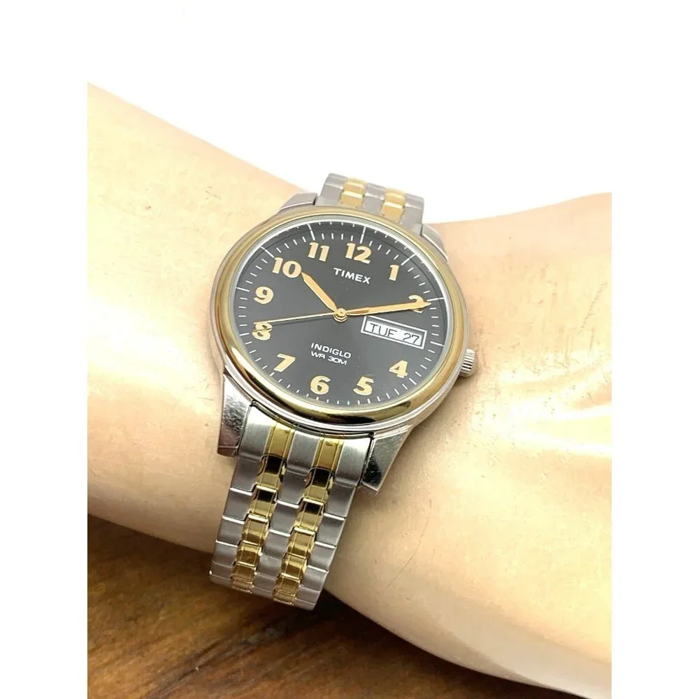 Timex Men's Watch T26481 Quartz 35mm Gray Dial Indiglo Two Tone Stretched Band